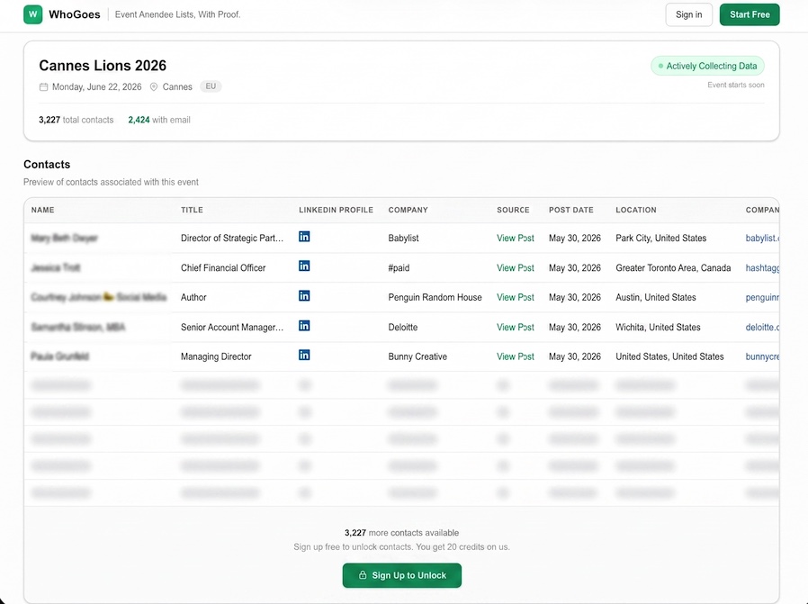 WhoGoes IMTS 2026 attendee list preview showing unlocked and locked contacts