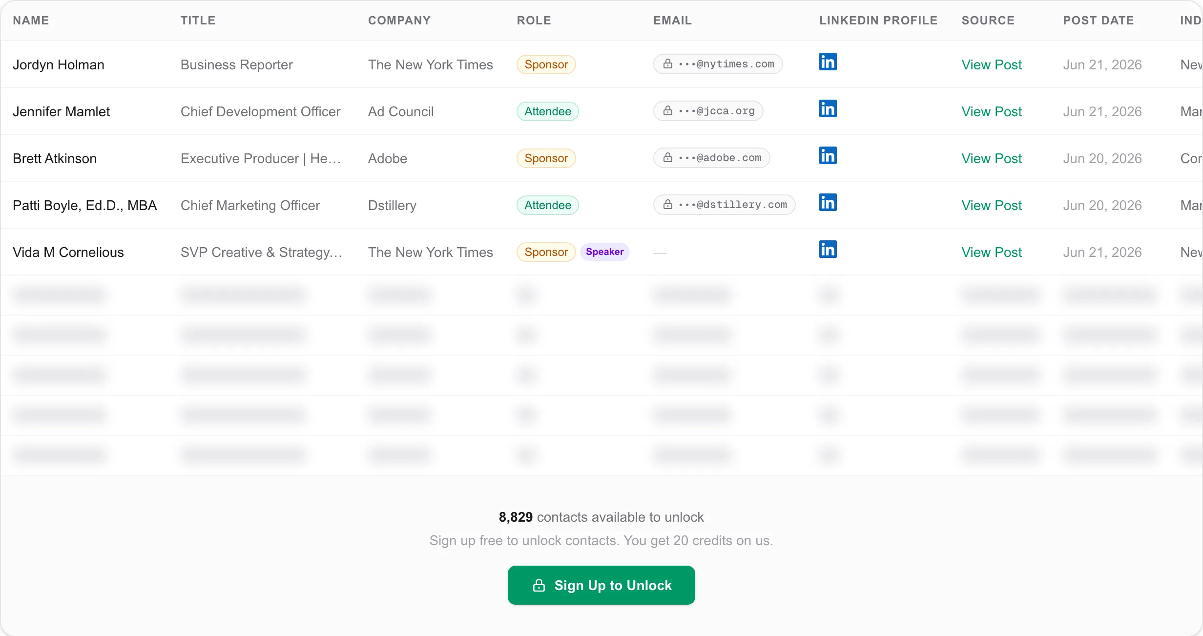 WhoGoes attendee list for Cannes Lions 2026: real contacts with name, title, company, event role, verified email domain, LinkedIn profile and the post proving attendance