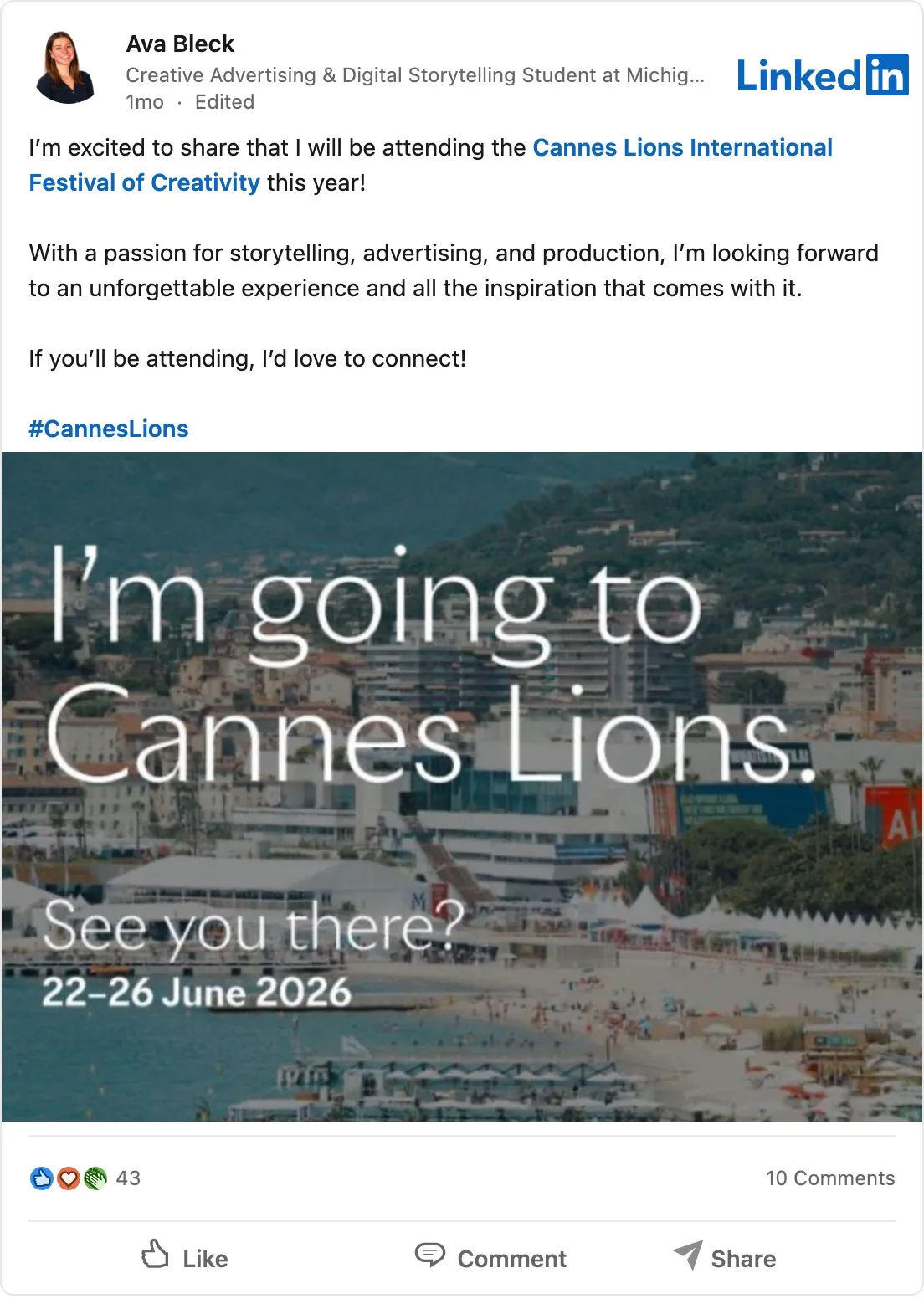 A real LinkedIn post from an attendee announcing they will be at Cannes Lions 2026: I'm going to Cannes Lions, see you there, 22-26 June 2026